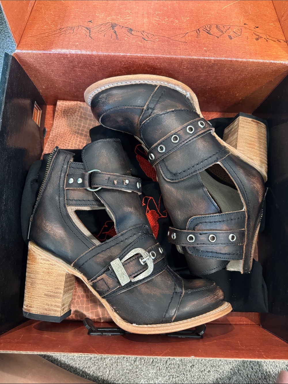 Freebird by Steven Dark Brown Leather Cutout Heeled Boots with Buckle